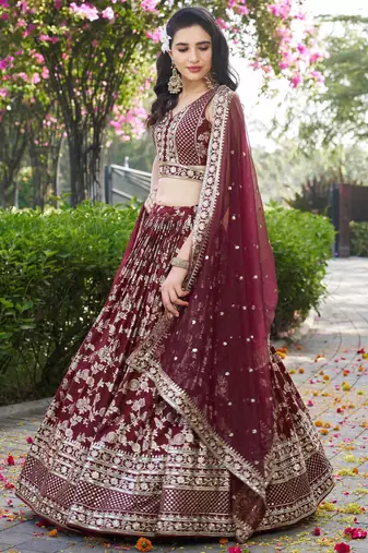 maroon zari work silk bridesmaids lehenga set choli with dupatta with dupatta