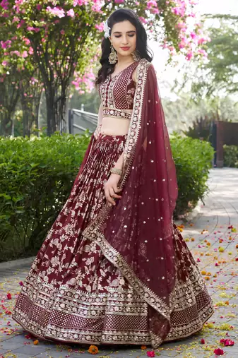maroon zari work silk bridesmaids lehenga set choli with dupatta with dupatta