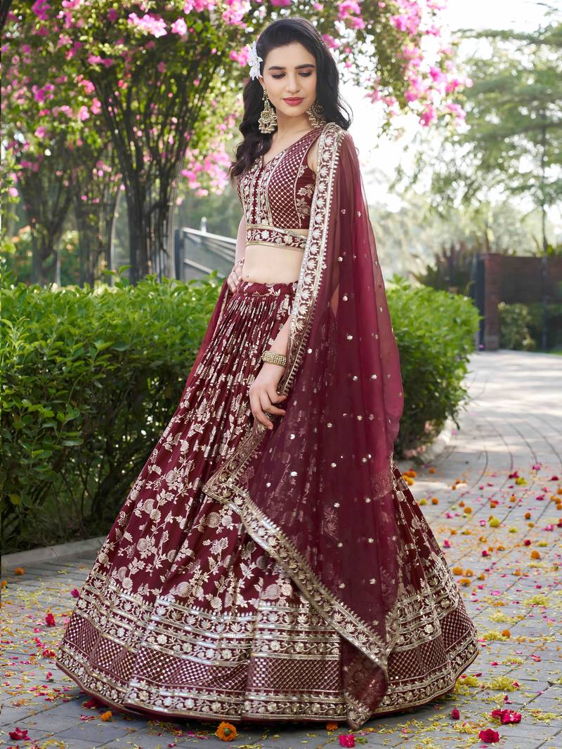 Maroon Zari Work Silk Bridesmaids Lehenga Choli With Dupatta