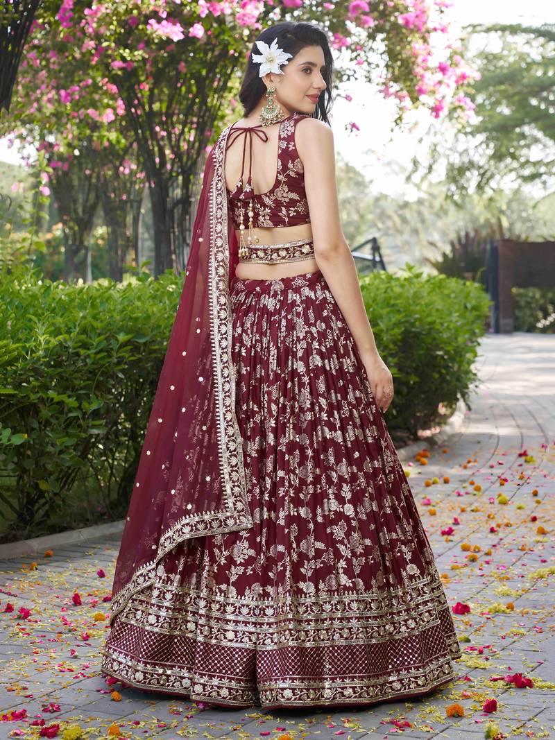 Maroon Zari Work Silk Bridesmaids Lehenga Choli With Dupatta