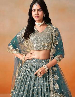 dove blue zari embroidered shaded lehenga set choli with dupatta 5