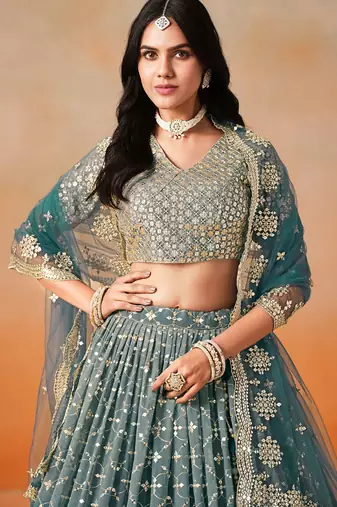 dove blue zari embroidered shaded lehenga set choli with dupatta