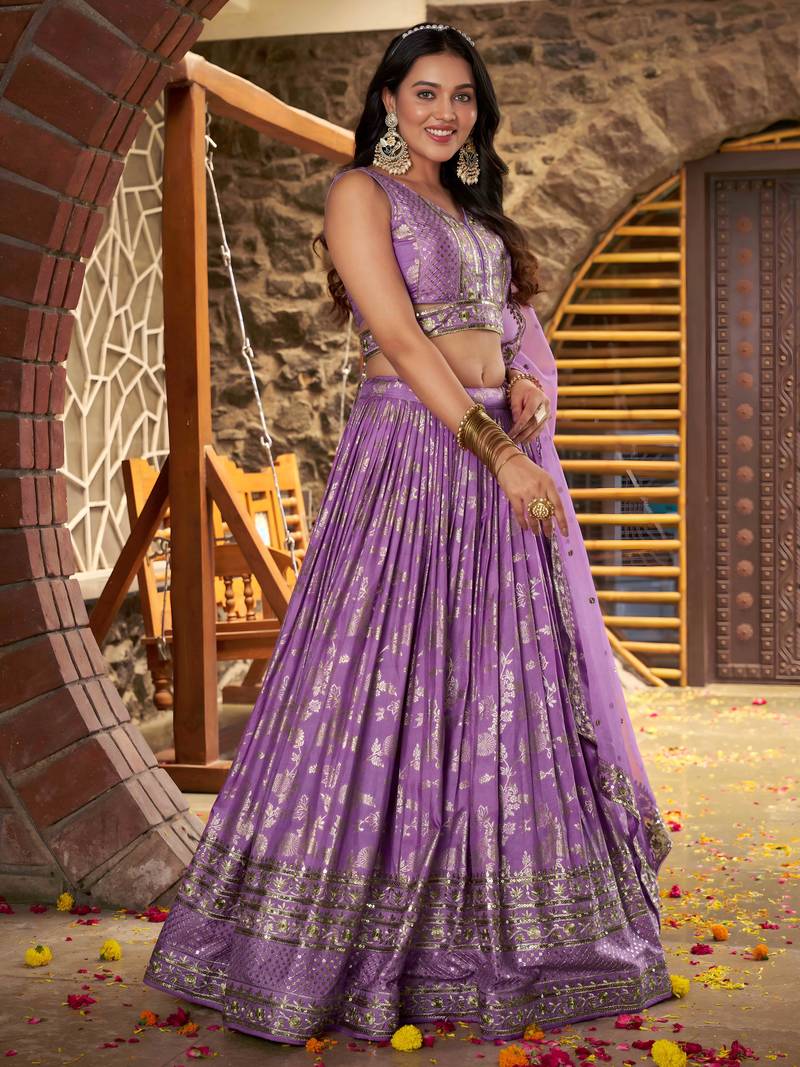 Catching Lavender Silk Floral Zari Designer Lehenga Choli