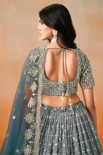 dove blue zari embroidered shaded lehenga set choli with dupatta