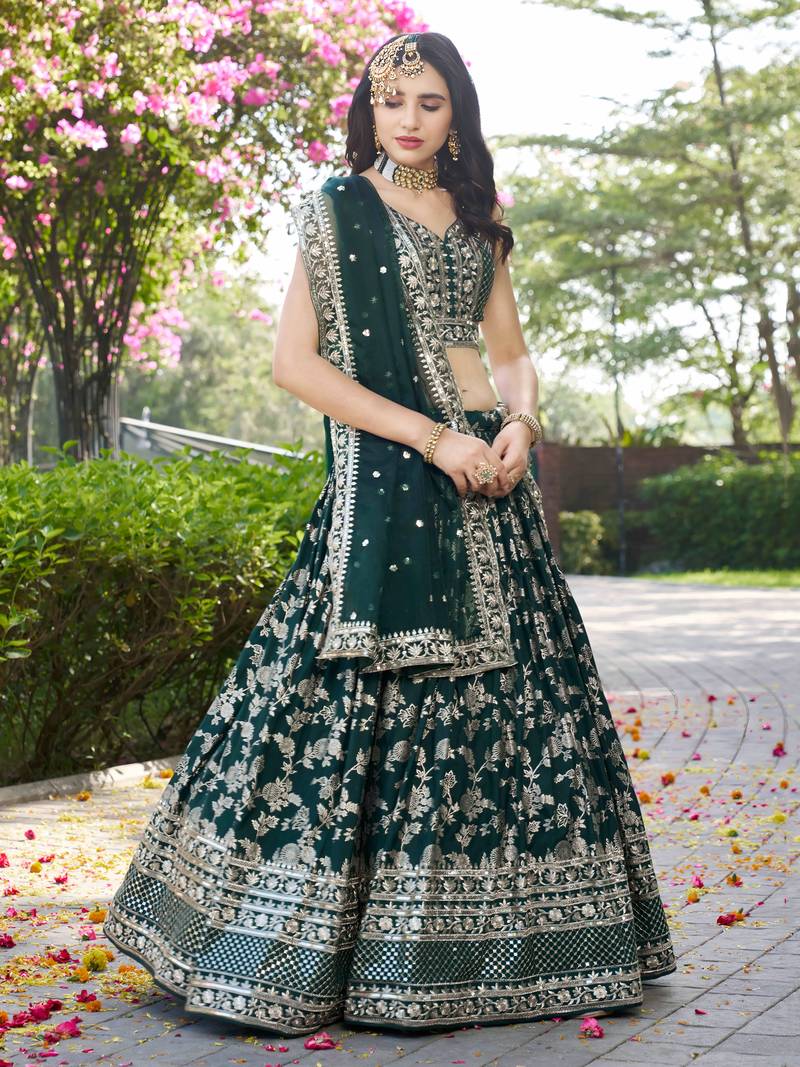 Green Ceremonial Wear Zari Embroidery Lehenga Choli With Dupatta