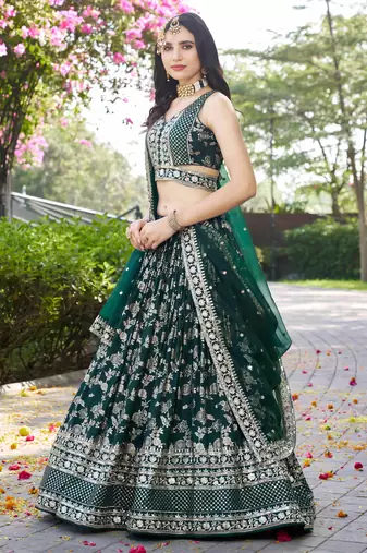 green ceremonial zari embroidery lehenga set choli with dupatta with dupatta