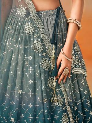 dove blue zari embroidered shaded lehenga set choli with dupatta 7