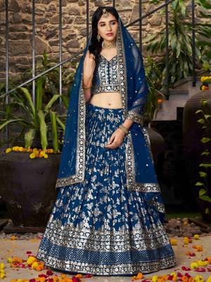dove blue silk embroidery zari party lehenga set choli with dupatta 2