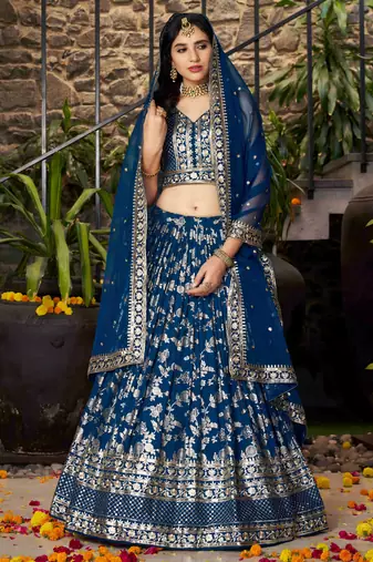 dove blue silk embroidery zari party lehenga set choli with dupatta