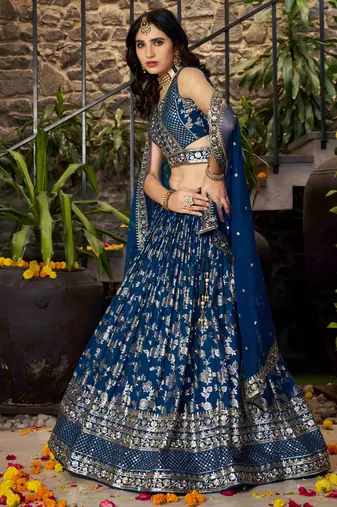 dove blue silk embroidery zari party lehenga set choli with dupatta
