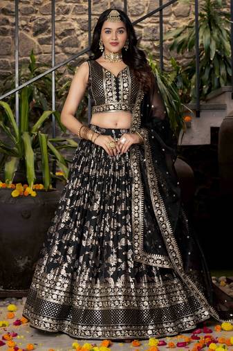 Attractive Black Zari Embroidery Jacquard Lehenga Choli With Dupatta