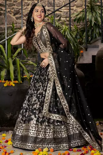 black zari embroidery jacquard lehenga set choli with dupatta with dupatta