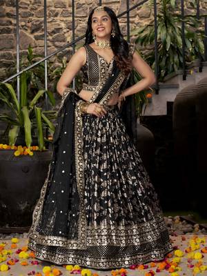 black zari embroidery jacquard lehenga set choli with dupatta with dupatta 4