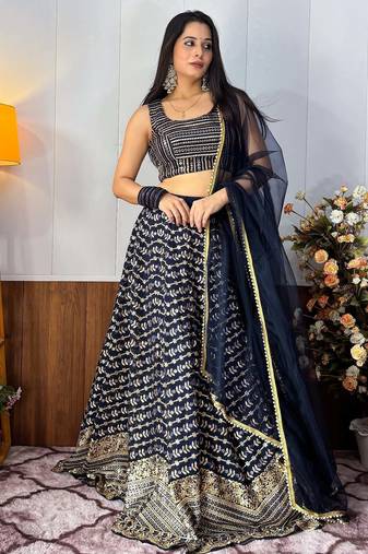 Blue Zari Embroidered Georgette Lehenga Choli With Dupatta