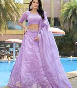 lavender thread work organza lehenga set choli with dupatta