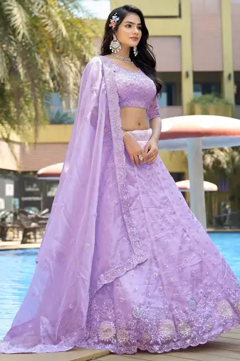 lavender thread work organza lehenga set choli with dupatta