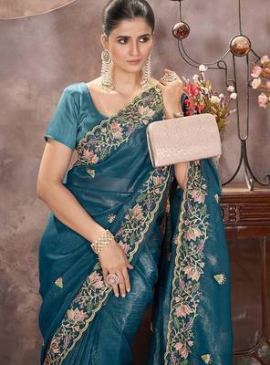 Teal Blue Color Embroidered Silk Blend Designer Saree 1