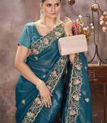 Teal Blue Color Embroidered Silk Blend Designer Saree