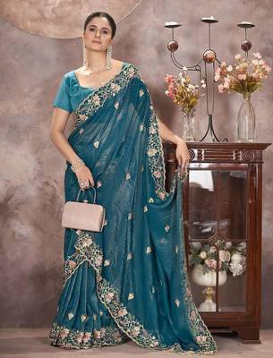 Teal Blue Color Embroidered Silk Blend Designer Saree 2