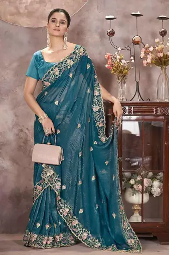Teal Blue Color Embroidered Silk Blend Designer Saree