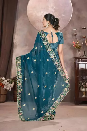 Teal Blue Color Embroidered Silk Blend Designer Saree