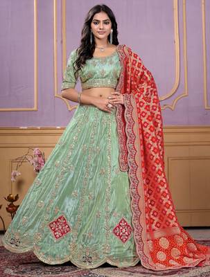 pista green embroidered viscose wedding lehenga set choli with dupatta 1