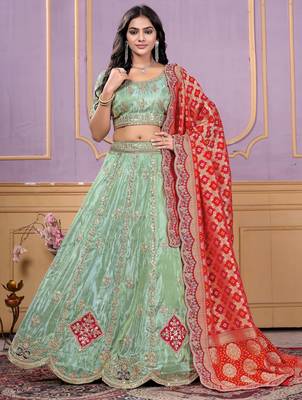 pista green embroidered viscose wedding lehenga set choli with dupatta 2