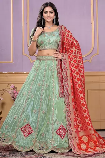 pista green embroidered viscose wedding lehenga set choli with dupatta
