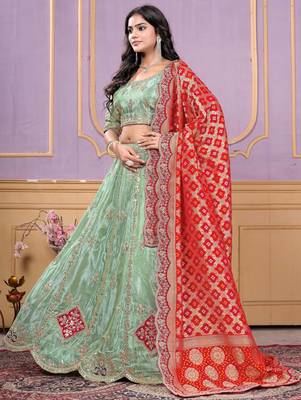 pista green embroidered viscose wedding lehenga set choli with dupatta 3