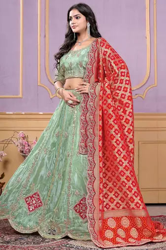 pista green embroidered viscose wedding lehenga set choli with dupatta