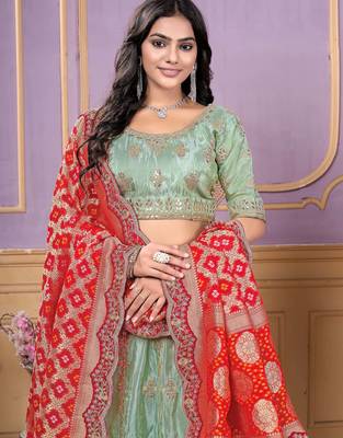 pista green embroidered viscose wedding lehenga set choli with dupatta 4