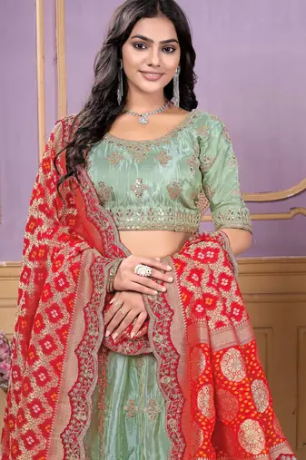 pista green embroidered viscose wedding lehenga set choli with dupatta