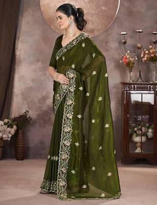 Mehndi Green Color Embroidered Silk Blend Designer Saree 1