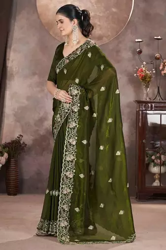 Mehndi Green Color Embroidered Silk Blend Designer Saree