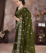 Mehndi Green Color Embroidered Silk Blend Designer Saree