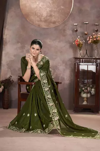 Mehndi Green Color Embroidered Silk Blend Designer Saree