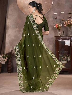Mehndi Green Color Embroidered Silk Blend Designer Saree 3