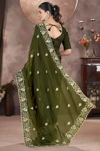 Mehndi Green Color Embroidered Silk Blend Designer Saree