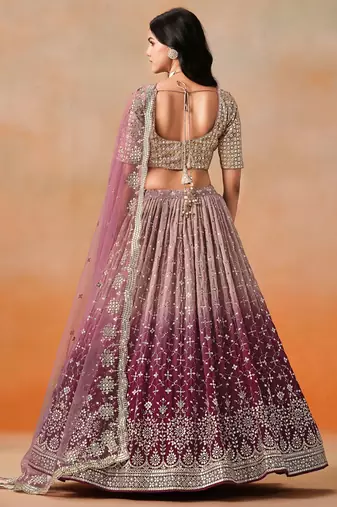maroon embroidered georgette bridesmaids lehenga set choli with dupatta
