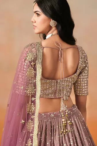 maroon embroidered georgette bridesmaids lehenga set choli with dupatta
