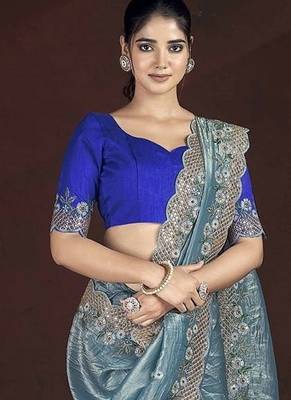 Navy Blue Color Silk Blend Floral Embroidered Work Saree 1