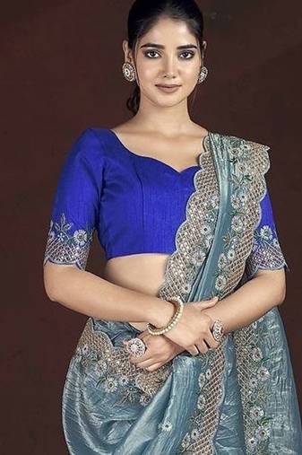 Navy Blue Color Silk Blend Floral Embroidered Work Saree