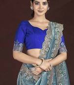 Navy Blue Color Silk Blend Floral Embroidered Work Saree