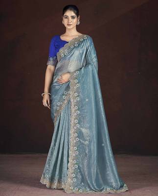 Navy Blue Color Silk Blend Floral Embroidered Work Saree 2