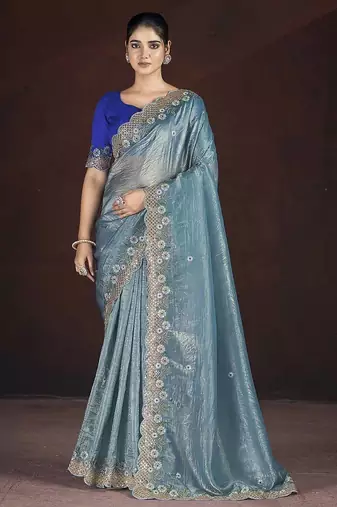 Navy Blue Color Silk Blend Floral Embroidered Work Saree