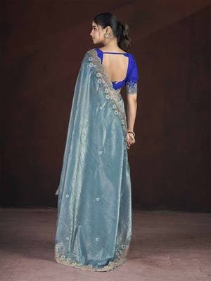 Navy Blue Color Silk Blend Floral Embroidered Work Saree 3