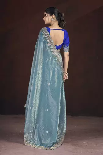 Navy Blue Color Silk Blend Floral Embroidered Work Saree