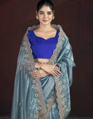 Navy Blue Color Silk Blend Floral Embroidered Work Saree 4