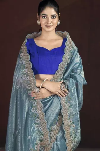 Navy Blue Color Silk Blend Floral Embroidered Work Saree