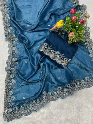 Navy Blue Color Silk Blend Floral Embroidered Work Saree 5